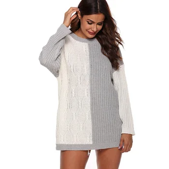 

2019 Winter Fashion Patchwork Knitted Long Sweaters Women Round Neck Long Sleeve Pullovers Female Loose Casual Sweater Jumper*