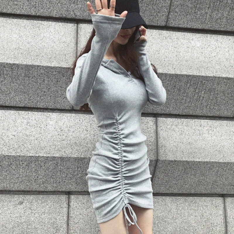 

2019 Spring And Summer New Style WOMEN'S Dress Hooded Drawstring Irregular Sheath Tight-Fit Long Sleeve Sexy Dress