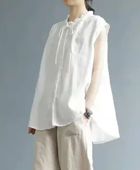 

2019 Summer Fashion Casual Style Button Sleeveless Tie Neck Blouse Peter Pan Collar Solid Linen Loose Female Shirts