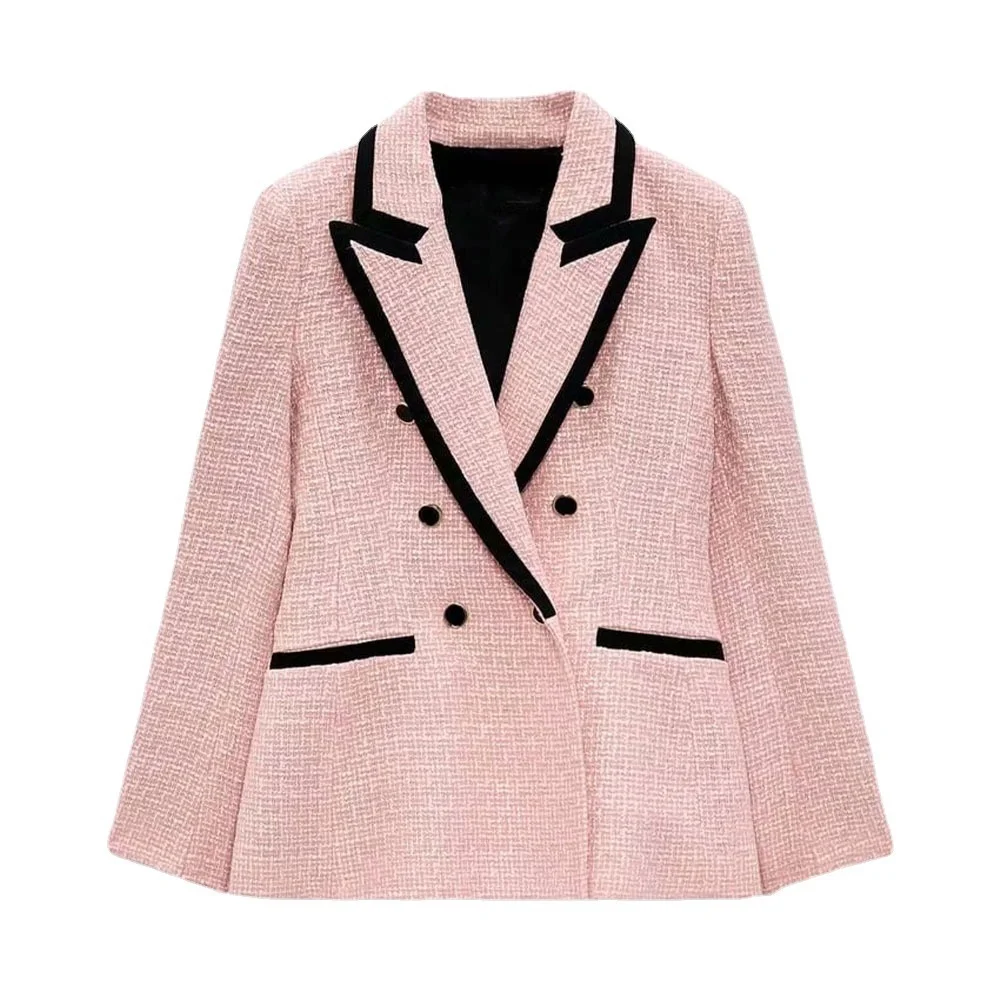 Elegant Pink Textured Blazer Jacket Women Piping Patchwork Tweed Coat Vintage Long Sleeve Welt Pockets Female Outerwear | Женская одежда