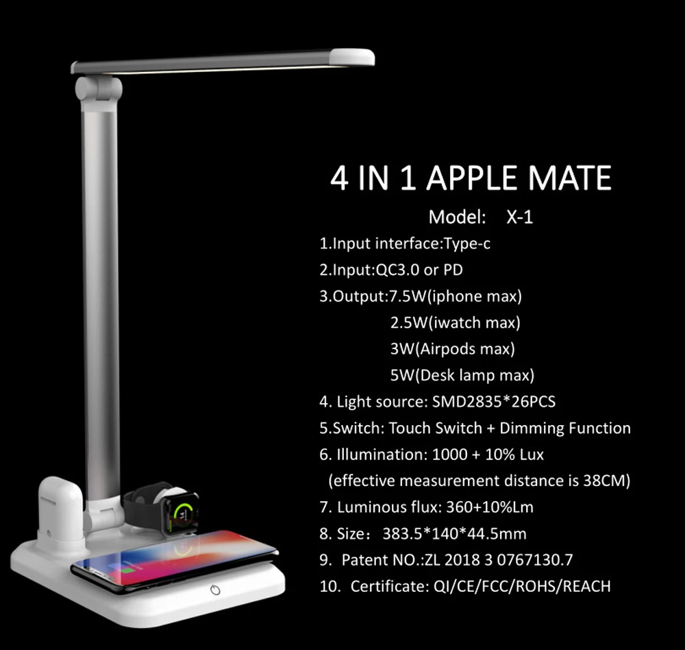  Qi Wireless Charger 4 In 1 LED Desk Lamp Light for IPhone XS XR X 8 Apple Watch 4 3 Airpods Samsung - 4000229225964