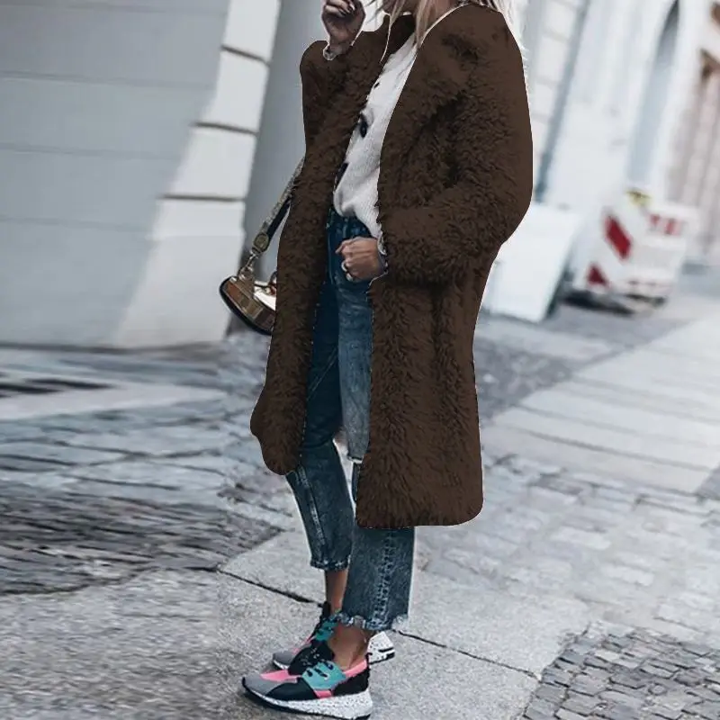 Plus Size ZANZEA Winter Open Stich Jackets Women Solid Lapel Long Sleeve Long Cardigans Fluffy Coat Outwear Female Overcoat - Цвет: Коричневый