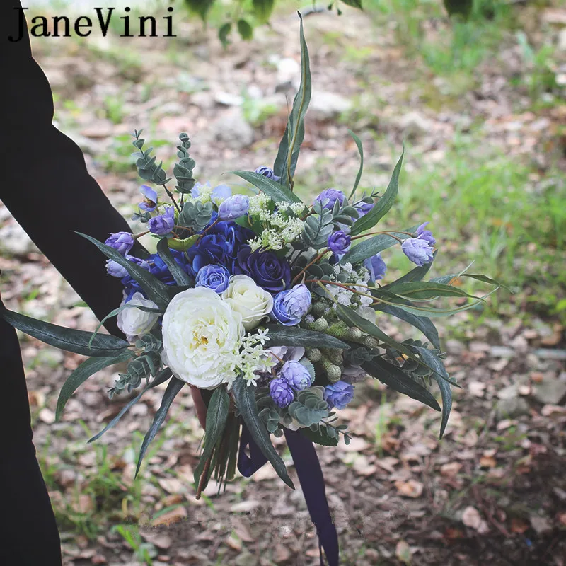JaneVini винтажный синий белый свадебные букеты Свадебный Шелковый букет с цветами искусственная Роза пион Брошь невесты Флорес Бода Новинка