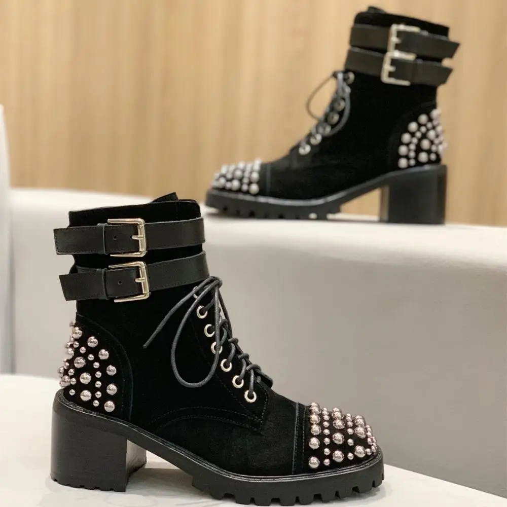 

Motorcycle Boots Women Mental Rivets Flock Ankle Boots Ladies Decor Double Strap Zipper Luxury Rivets Studed Women Short Boots