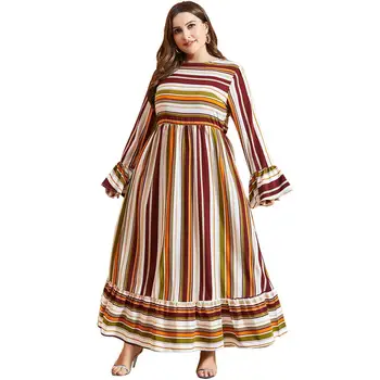 

Women Striped Print Swing A Line Boho Maxi Dress O Neck Ruffle Flare Long Sleeve Patch Ruffles Hem Muslim Abaya Plus Size 4XL