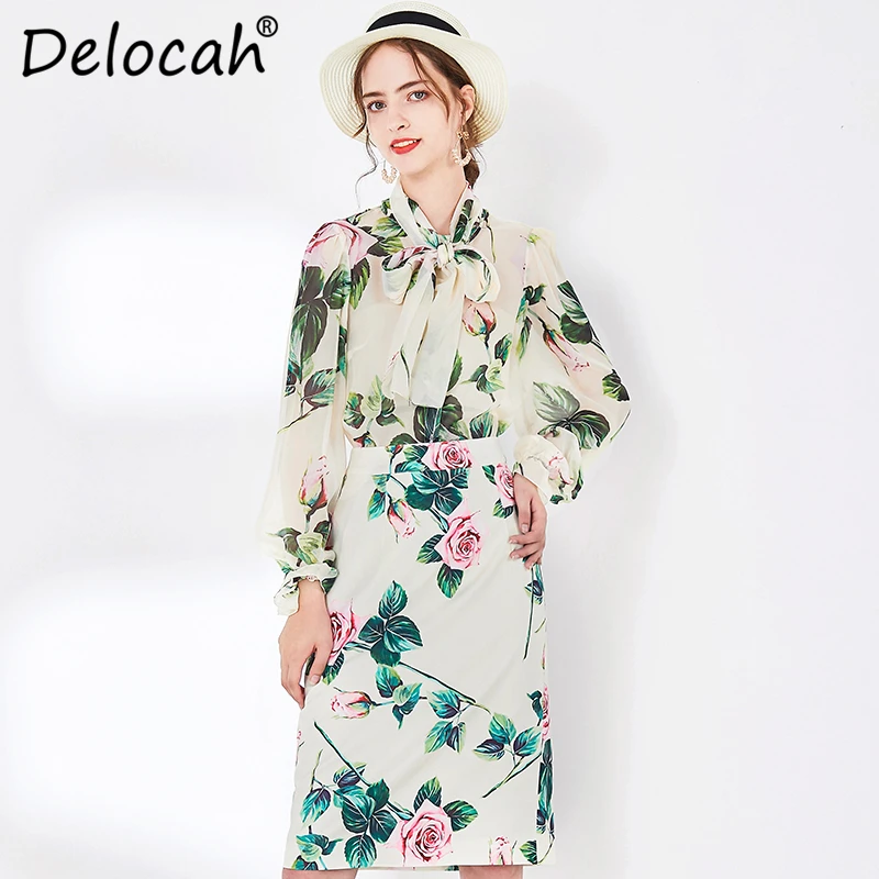 Многоцветный Delocah, весенне-летний женский костюм, подиумная модная дизайнерская рубашка с длинным рукавом и простым бантом и принтом розы+ тонкая женская юбка, два комплекта - Цвет: Многоцветный
