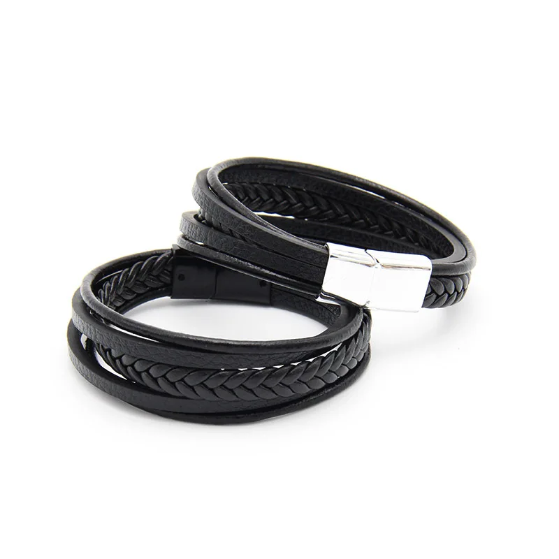 Men Multilayer Leather Bracelet Magnetic-clasp Cowhide Braided Multi Layer Wrap Bangles,bracelet jewelry