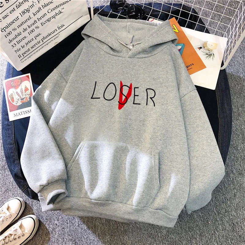Women's Rock Punk Hoodies Lover Loser Letter Sweatshirts Stitch Oversize Harajuku Hooded Loose Lovers Wear Autumn Winter Kawaii