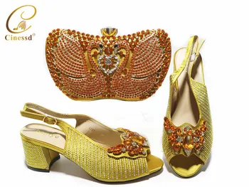 

Latest African Women Shoes Matching Bag in Gold Color Comfortable Heels Nigerian Women Shoes and Bag for Wedding Party