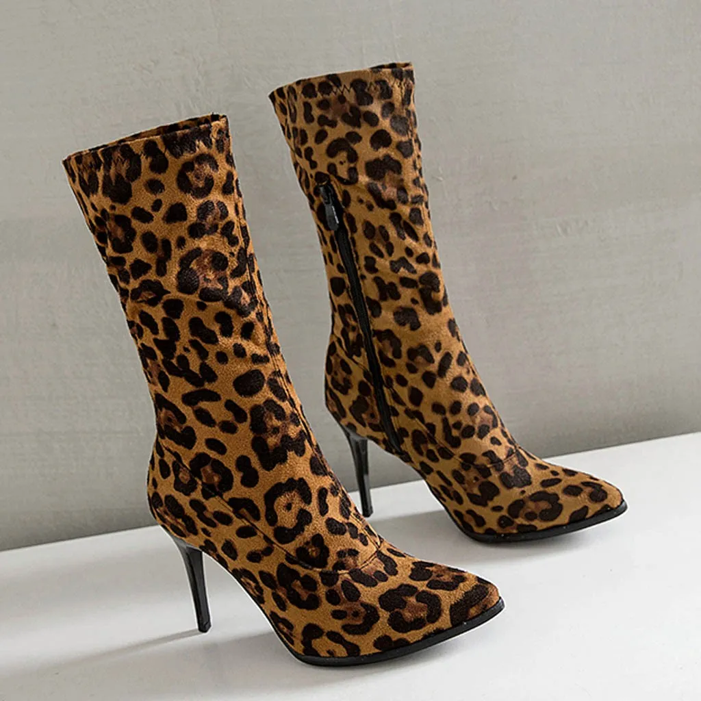 Women Winter Short Boots Leopard Print Ankel Boots For Women Pointed Toe Ladies Shoes High Heel Boots Bota Feminina#J30