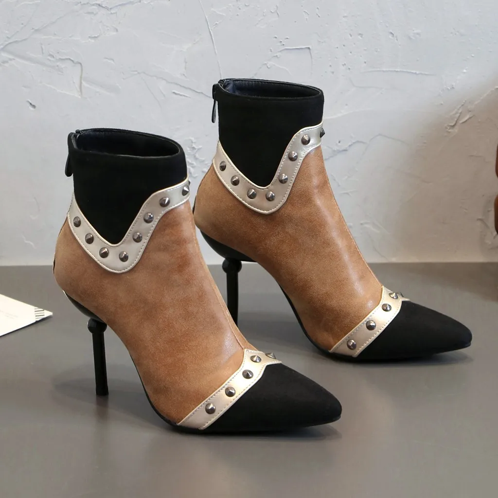 

Women Boots 2019 Winter Patchwork Snake Pattern Leather Booties Ladies Metal Decorated Short Boots Woman Thin High Heeled Shoes