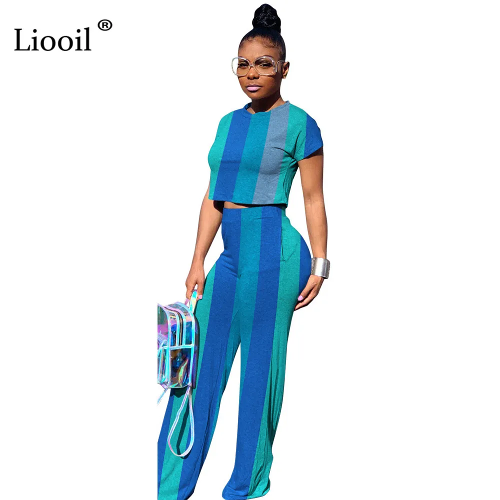Liooil/комплект одежды из 2 предметов в разноцветную полоску, повседневная одежда, женский спортивный костюм, 2019 футболка, укороченный топ