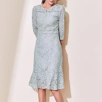 

2020 Fashion Designer Office Dress Women Elegant Lace Hollow Out Slim Bodycon Dress O Neck OL Ladies Chic Sheath Retro Dresses