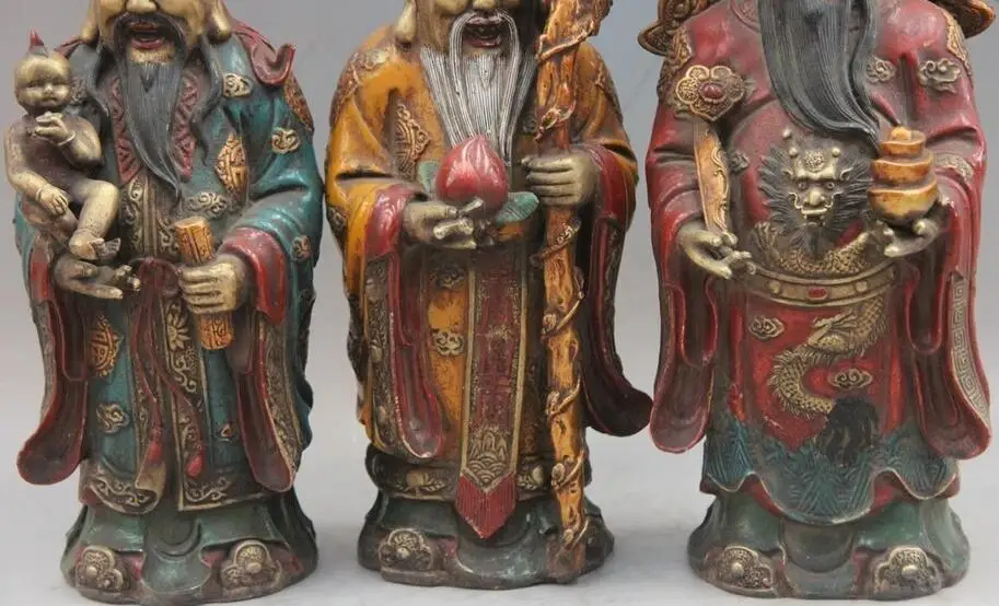 Китайская, под старину, бронзовая, цветная, окрашенная, Fukurokuju stars Three Lucky men God Buddha Set
