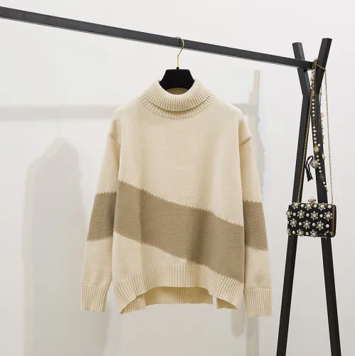 Женский вязаный свитер с высоким воротом и юбка, женский костюм, зимний осенний свободный свитер, топ и юбка, комплект из 2 предметов, теплый комплект - Цвет: Beige sweater