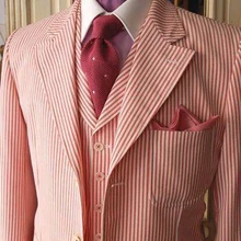 Trajes de esmoquin de algodón a rayas con diseño de Seersucker, trajes de graduación para el novio, traje de hombre, chaqueta de boda, traje de tres piezas (chaqueta + Pantalones + + chaleco)