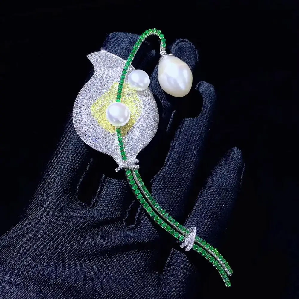 

plant flower brooch pins natural fresh water pearl 925 sterling silver with cubic zircon cute fashion women jewelry for dress