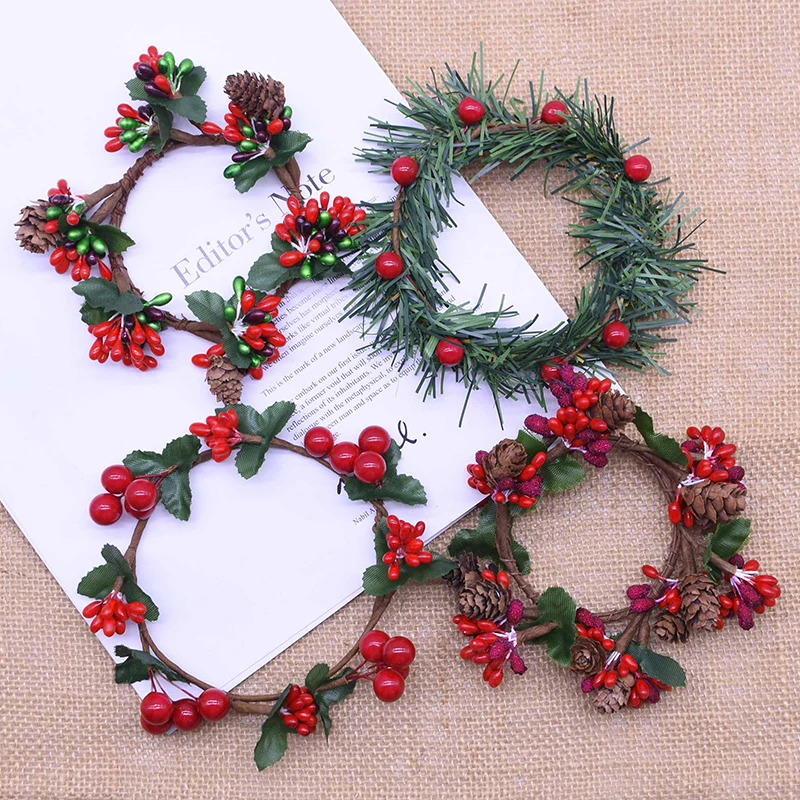 1pc Christmas Wedding Party Wreath Artificial Pine Cones Berries Rattan Round Garland Home Door Wall Hanging Ornament