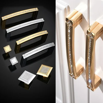 

Furniture Crystal Handle Zinc Alloy Europe Inlay Glass Diamond Konb with Real Golden Drawer Cabinet Kitchen Door Hardware pull