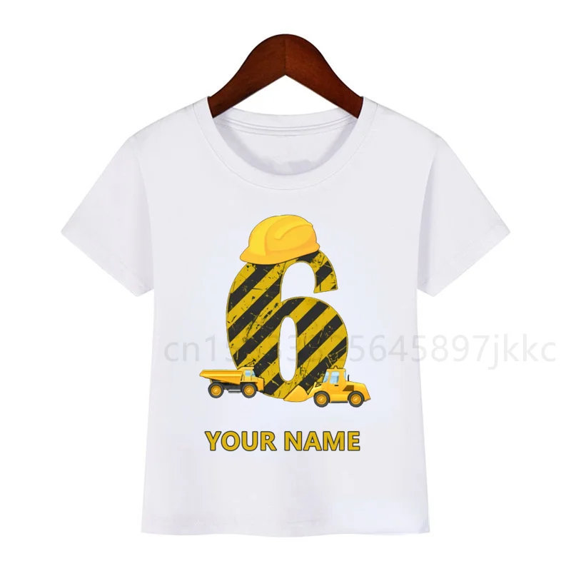 

Excavator Construction Truck Bulldozer Crane Name Printing T-shirt Number 1-9 Boy Girl Birthday Number Funny Gift T-shirt