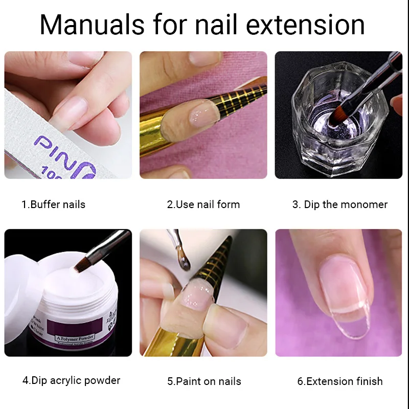 1 pc DIY professional nail systems polymer clear pink white color nail acrylic powder for Nail Tips Manicure Builder 6