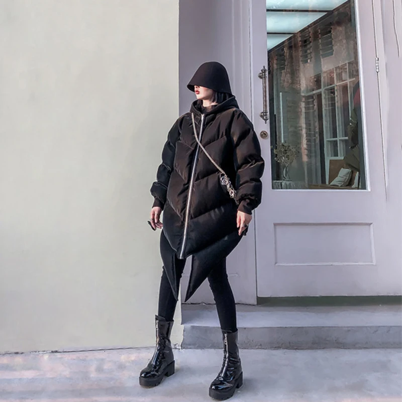 [DEAT] Loose Fit Irregular Overisize Warm Woolen Coat Parkas New Hooded Long Sleeve Women Fashion Autumn Winter 19L-a74