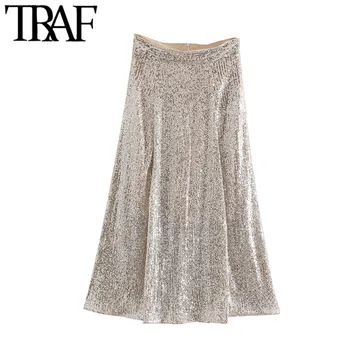 

TRAF Women Sexy Fashion Shiny Sequin Midi Skirt Vintage High Waist Back Zipper Party Club Female Skirts Faldas Mujer