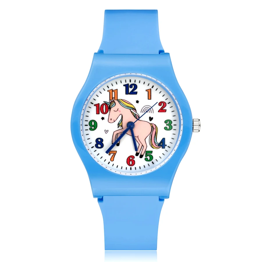 Модные милые детские часы с единорогом и лошадью, детские Студенческие Кварцевые наручные часы с резиновым ремешком JO04 - Цвет: Небесно-голубой