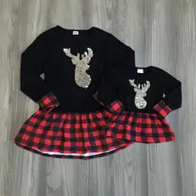 Рождественское осенне-зимнее клетчатое хлопковое платье с оленем и блестками для маленьких девочек детская одежда изысканное платье до колена с оборками «Мама и я»