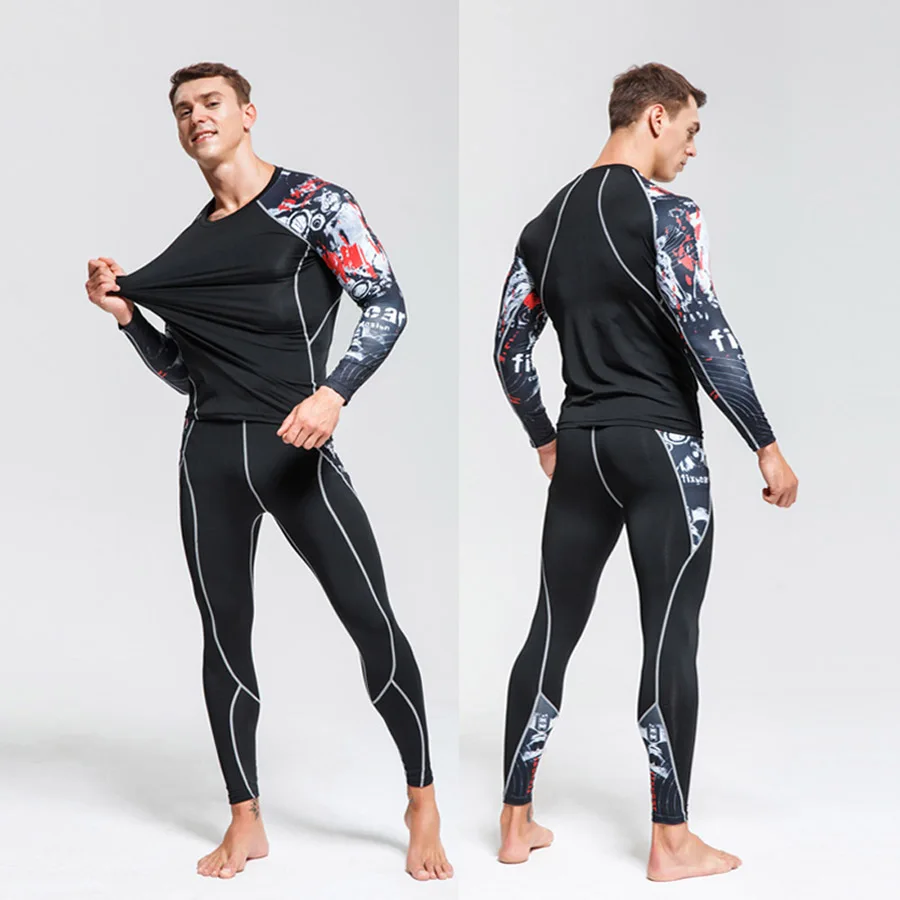 Men's Compression Running Set Tight Shirt Pant Long Johns Clothing Tracksuit Suit Man Winter Sports Winter Thermal underwear Set long johns for men