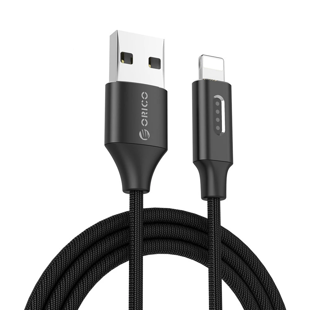 Black ORICO зарядка через usb плетеный кабель TYPE-A освещение 8-контактный кабель синхронизации данных и зарядки с Светодиодный индикатор для iPhone 7 6 5 - Цвет: Black