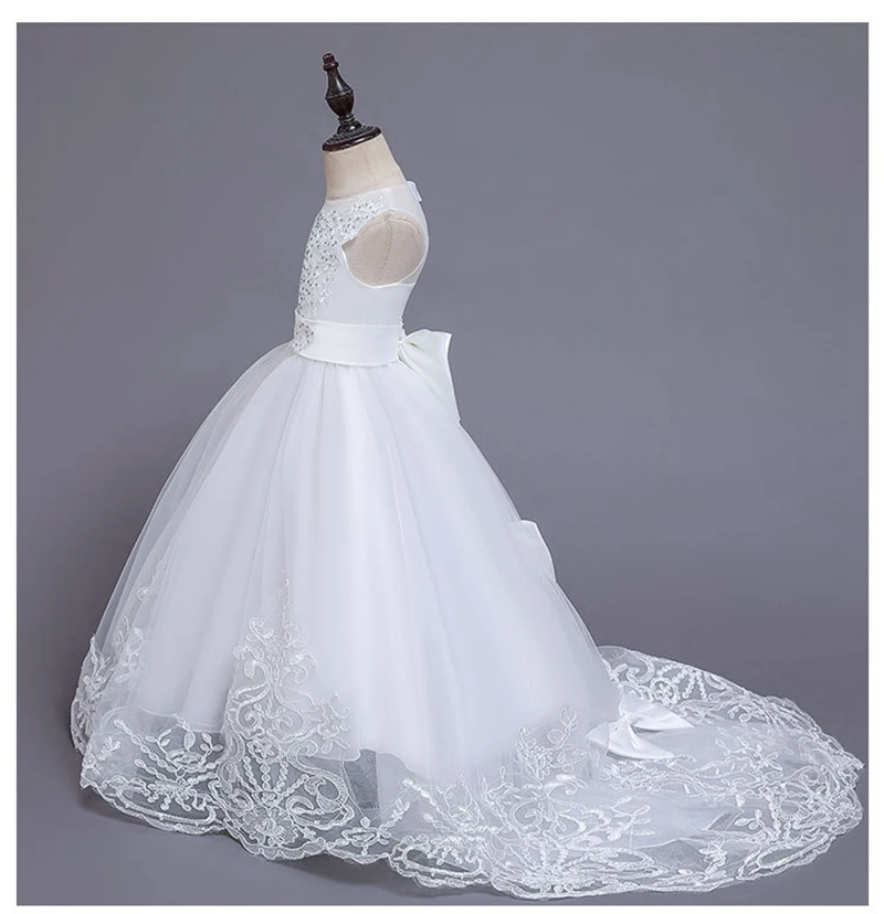 Детское свадебное платье со шлейфом; кружевное длинное платье с кристаллами; детская юбка принцессы; платье без рукавов