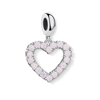 

925 Sterling Silver Pink CZ Pave Heart Charms New Zircon Cut-Out Beads Fit Original Bracelet Wedding Jewelry Gift