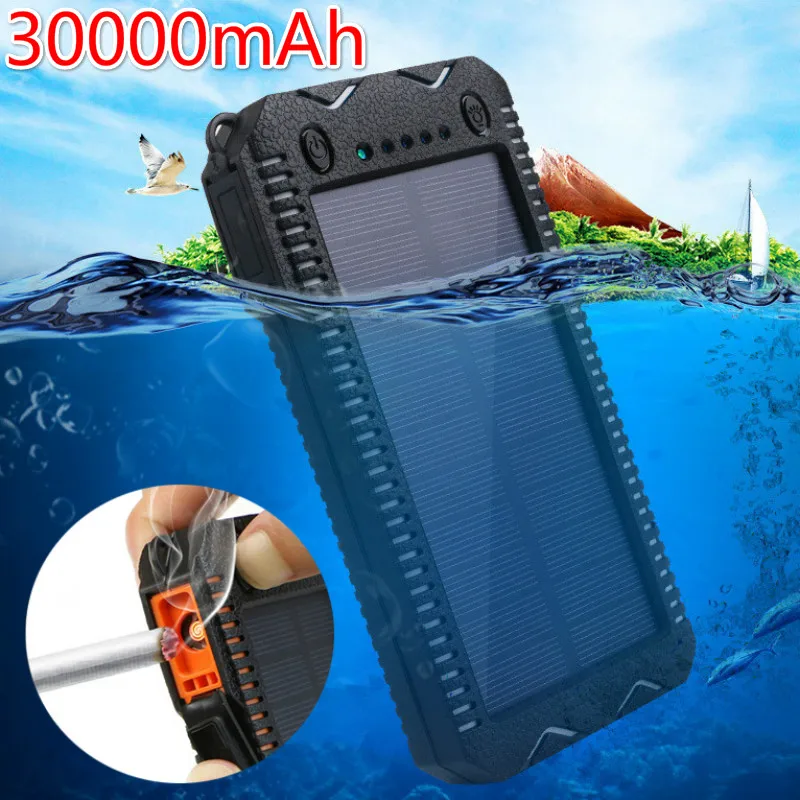 Солнечный внешний аккумулятор 30000mAh водонепроницаемый Cargador Portatil двойной USB