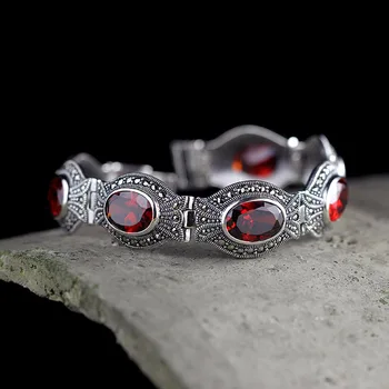 

Authentic Thai Bracelet Bangles For Women With Natural Garnet Wide Vintage Elegance Fine Jewelry Brazaletes Pulseras Mujer