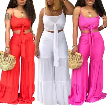 

2Pcs/Set Summer Women Solid Color Spaghetti Strap Knot Crop Top Wide Leg Pants