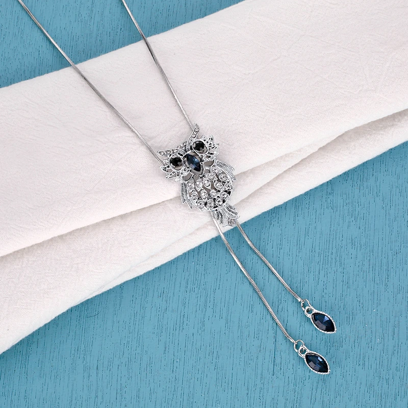 Collier Femme, винтажные серебряные ожерелья и подвески с кристаллами в виде совы для женщин, Длинные ожерелья, женский свитер, цепочка, ювелирное изделие на Рождество