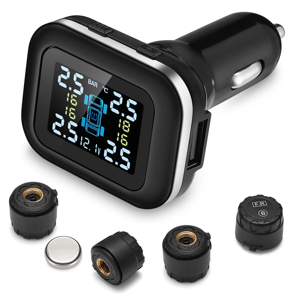 

New C110 Tire Pressure Monitoring System Cigarette Lighter Plug TPMS Angle-adjustable Display 4 External Sensors XQ-152
