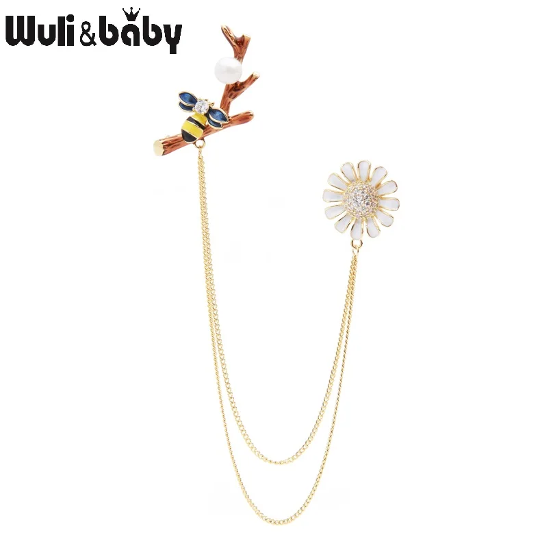 Wuli&baby Zircon Enamel Bee Daisy Flower Tassel Brooches Women Suits Shirt Collar Pins Gifts