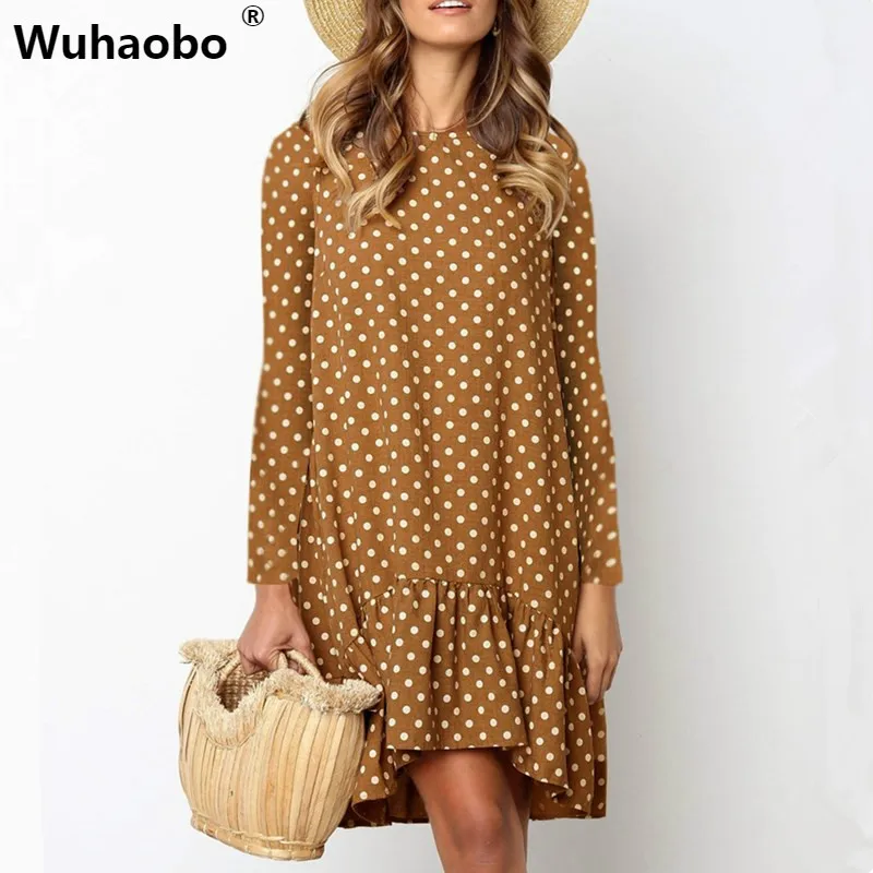 

Wuhaobo Long Sleeve O-neck Polka Dot Ruffles Autumn Dot Dress 2019 Casual Loose Plus Size Short Dress Women Boho Vestidos