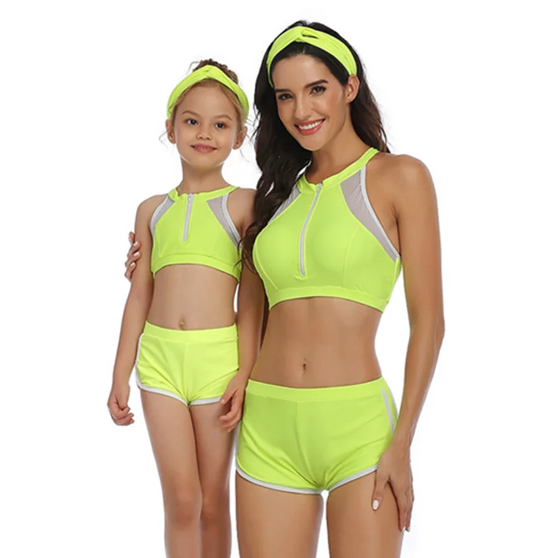 Neon Green Bunvel/купальный костюм из двух предметов для мамы и дочки пляжная одежда в стиле пэчворк неонового цвета купальный костюм Одинаковая одежда для всей семьи - Цвет: Neon Green
