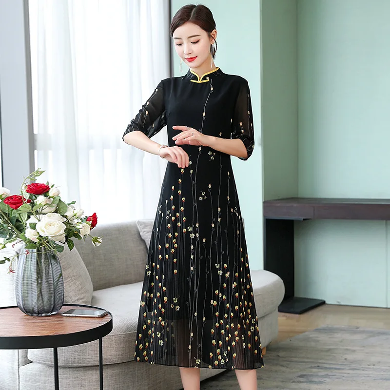 

2019 Spring And Summer New Products-Style Floral Printed Dress Slimming Stand Collar Elegant Mid-length Big Skirt