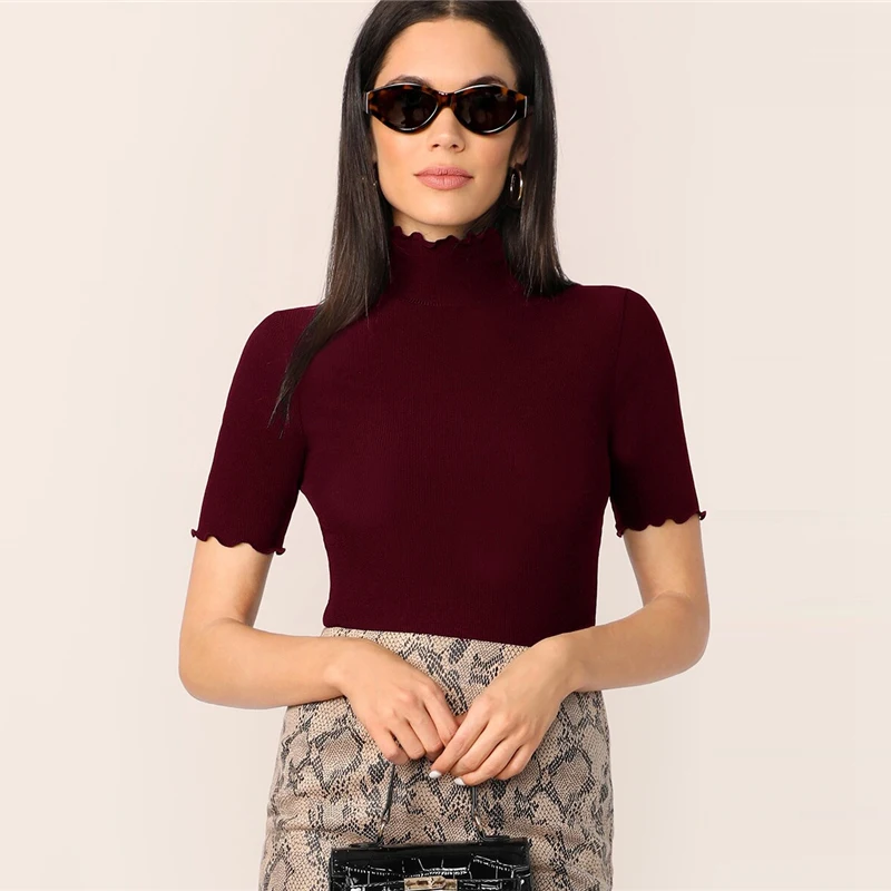 COLROVIE Lettuce Trim Form Fitted Rib-knit T-shirt Women Short Sleeve Casual Tops Female High Neck Elegant T-shirts