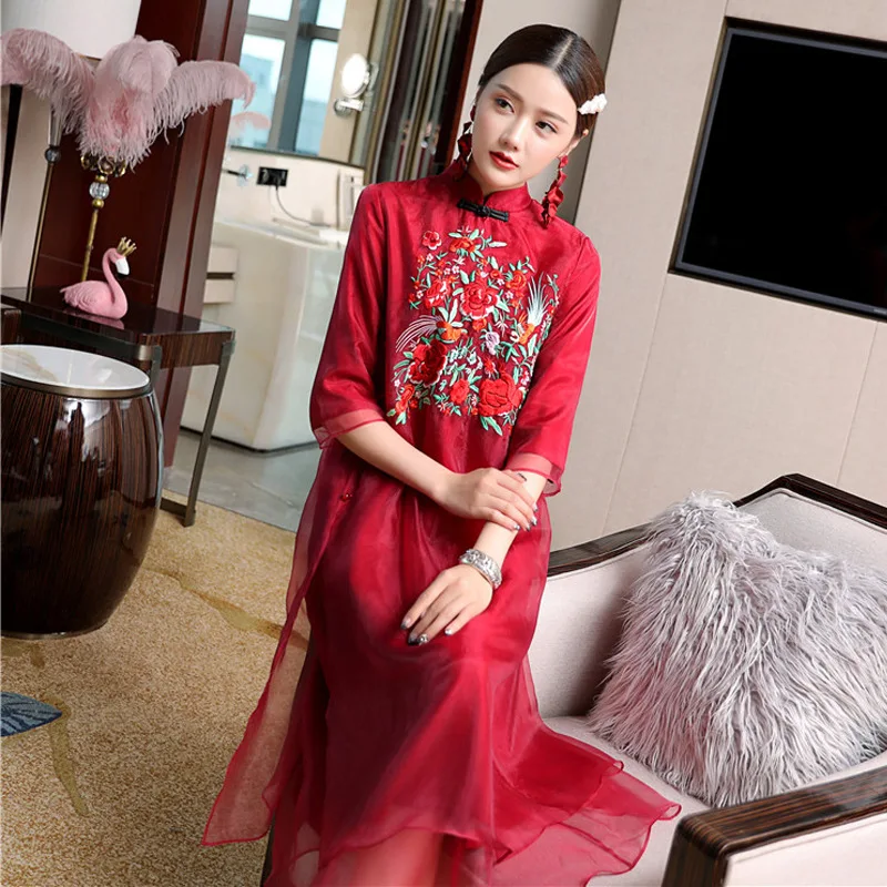 Винтажное ретро платье, Осеннее Стильное женское платье с вышивкой люрексом, 3/4 рукав, длина до середины икры, красное вино, черное платье, большие размеры xxl 50s