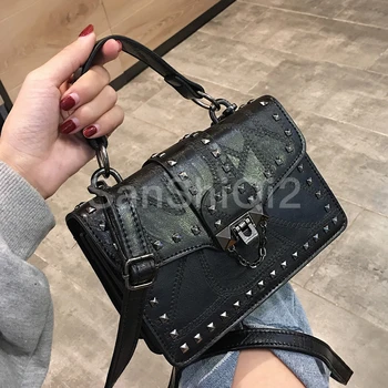 

European Vintage Fashion Female Square Bag New High Quality PU Leather Women Bag Rivet Lock Tote Bag Shoulder Messenger Bag 1225