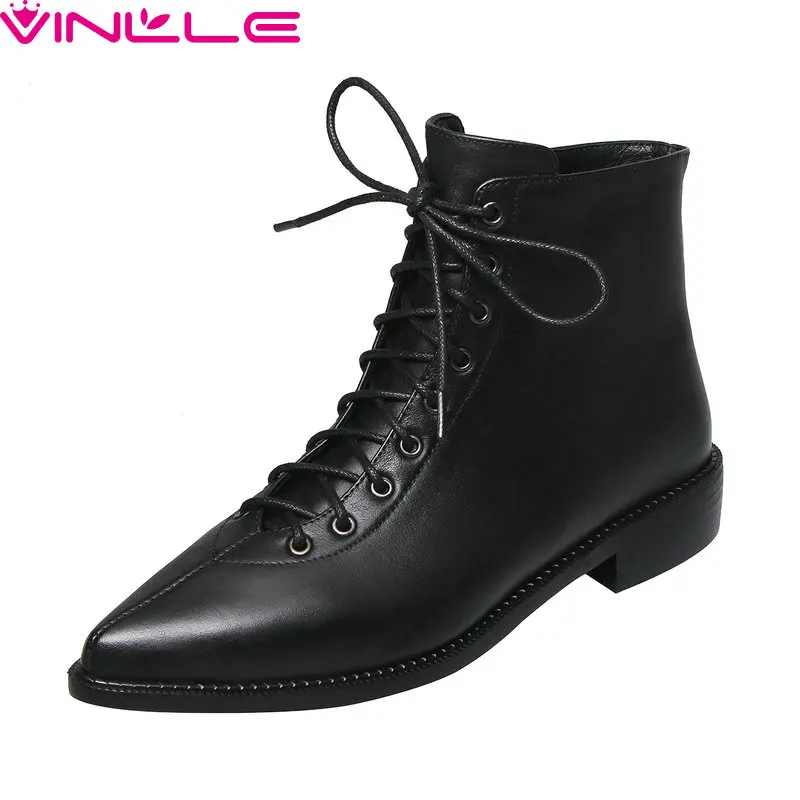 

VINLLE 2019 Fashion Women Ankle Boots Zipper Low Heel Pointed Toe All Match Western Fashion Casual All Match Shoes Size 34-42