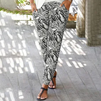 

2020 Summer Streetwear Cartoon Floral Print Thin Pants Women Casual Loose Elastic Waist Ankle Length Hip Hop Pants