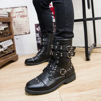 

Autumn Rivet Punk Martin Boots Men Fashion Leather Lace-up Motorcycle Boots Black Vintage High Top Buckle Shoes military boots 6