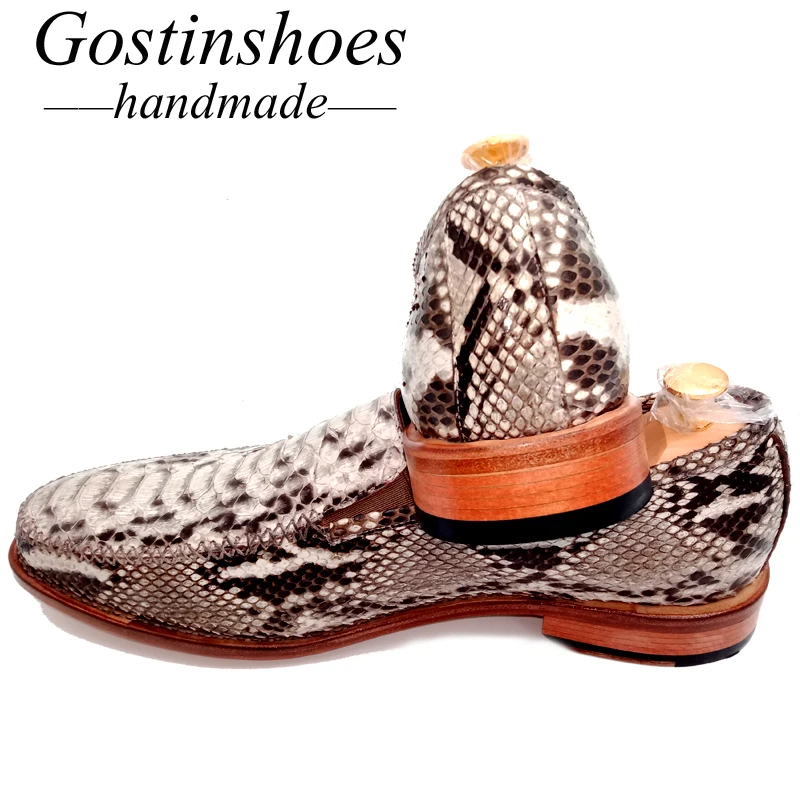GOSTINSHOES/Мужские модельные туфли ручной работы Goodyear; Белые Официальные туфли из натуральной змеиной кожи; Роскошные туфли с круглым носком без застежки; GSTN27
