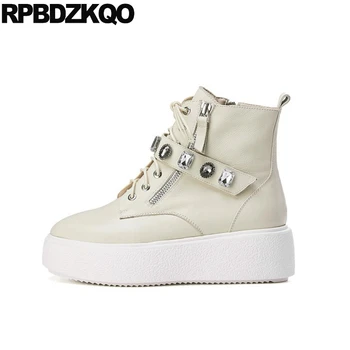 

flatform booties beige fashion muffin women shoes wedge high heel diamond rhinestone front lace up casual ankle boots autumn